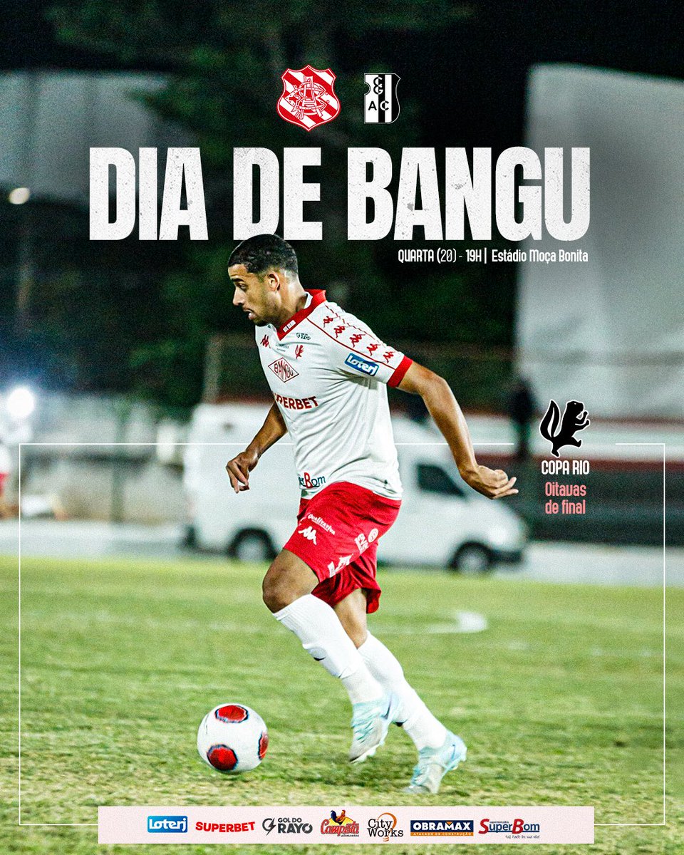 🇵🇱 É dia de Bangu! É dia de Copa Rio! #CadaJogoUmaFinal 

🆚 Campo Grande
🕒 19h
🏟️ Estádio Moça Bonita
🏆 Copa Rio
🕹️ Oitavas de final - volta
📺 Cariocão TV