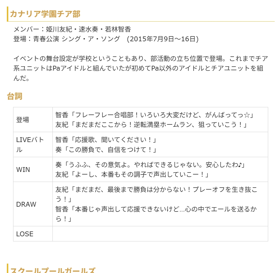 本当に一部の人にしか伝わらない、モバマス本ことAll for YOU!!!THE IDOLM@STER CINDERELLA GIRLSRecollectionsのここがスゴイ！

カナリア学園チア部のLOSEセリフが収録されてる。
（※数多のモバPや友紀P奏P智香Pの目を掻い潜って収集漏れしてしまったセリフで、本当に歴史の陰に沈んでいたやつ）
