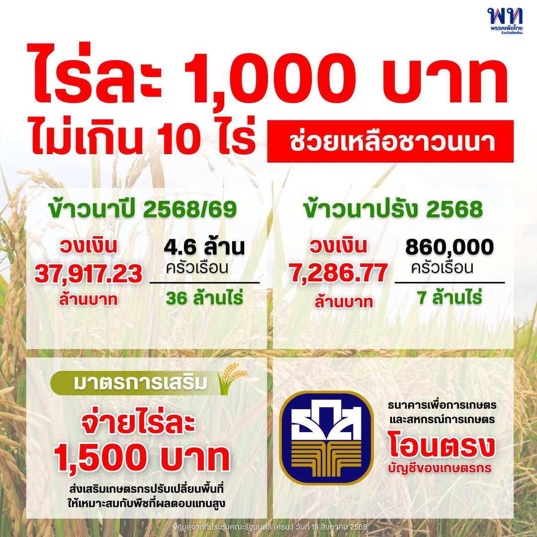 ข่าวดีเพื่อพี่น้องชาวนา 🌾 ครม.อนุมัติโครงการช่วยเหลือเกษตรกรผู้ปลูกข้าวทั้งนาปีและนาปรัง ไร่ละ 1,000 บาท ไม่เกิน 10 ไร่ วงเงินรวมกว่า 45,000 ล้านบาท พร้อมมาตรการเสริมสนับสนุนพืชทางเลือกและดูแลราคาข้าว รัฐบาลมุ่งสร้างหลักประกันรายได้และเสถียรภาพระยะยาว

#พรรคเพื่อไทยเชียงใหม่