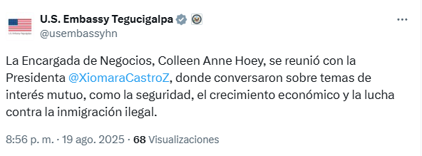 🔴#EstáPasando |La presidenta Xiomara Castro se reunió este martes con la encargada de negocios de la Embajada de EEUU en Honduras, Colleen Hoey, y conversaron sobre temas de interés mutuo, como seguridad, crecimiento económico y la lucha contra la inmigración ilegal, se informó.