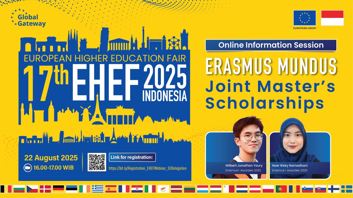 Scholarship hunters, this one’s for you 🎓✨ Join our webinar on Erasmus Mundus Joint Master’s Scholarships with awardees.

22 Aug | 16.00 WIB | Free online 💻 Register: bit.ly/Registration_E…