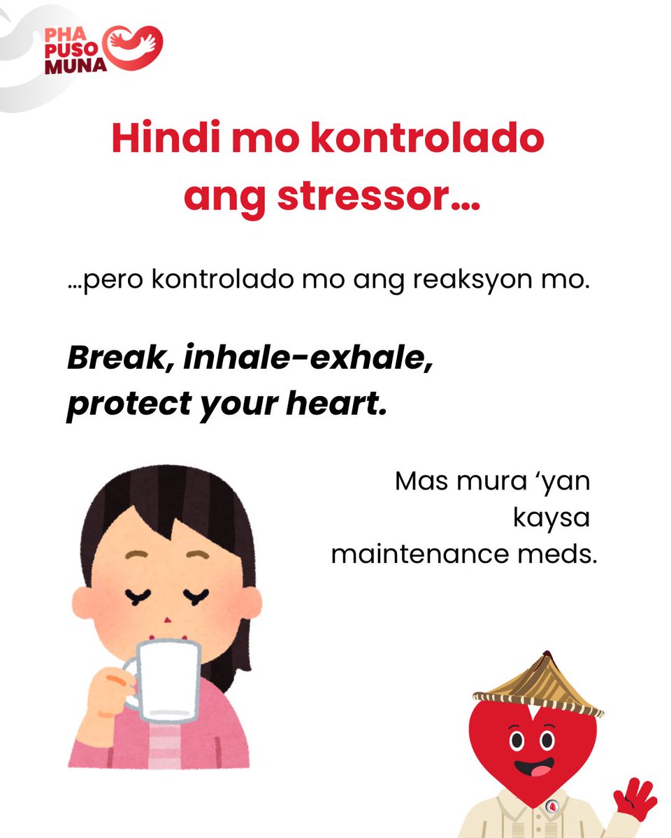 Philippine Heart Association (@philheartassoc) on Twitter photo You can’t control the stressor, pero kaya mong kontrolin ang reaction mo. Choose peace, choose puso. ♥️
#PHAPusoMuna #umiwassastress You can’t control the stressor, pero kaya mong kontrolin ang reaction mo. Choose peace, choose puso. ♥️
#PHAPusoMuna #umiwassastress