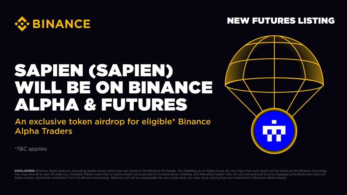 binance's tweet image. We’re pleased to announce that Binance Alpha will be the first platform to feature Sapien (SAPIEN):
🔸Binance Alpha trading Opens on 2025-08-20 17:00 (UTC)
🔸Binance Futures trading Opens on 2025-08-20 17:30 (UTC)
Eligible users can claim their airdrop using Binance Alpha…