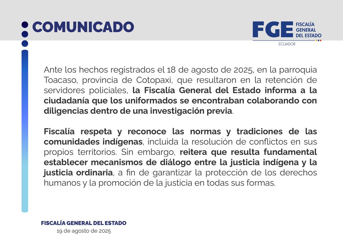 Alex Toapanta (@alextoapantaec) on Twitter photo Con este comunicado <a href="/FiscaliaEcuador/">Fiscalía Ecuador</a> admite que existe seguimiento y hostigamiento a dirigentes, líderes sociales de organizaciones, pueblos y nacionalidades.
Además, demuestra que no existe independencia de poderes del Estado, sino más bien, ser serviles al gobierno de turno. Con este comunicado <a href="/FiscaliaEcuador/">Fiscalía Ecuador</a> admite que existe seguimiento y hostigamiento a dirigentes, líderes sociales de organizaciones, pueblos y nacionalidades.
Además, demuestra que no existe independencia de poderes del Estado, sino más bien, ser serviles al gobierno de turno.
