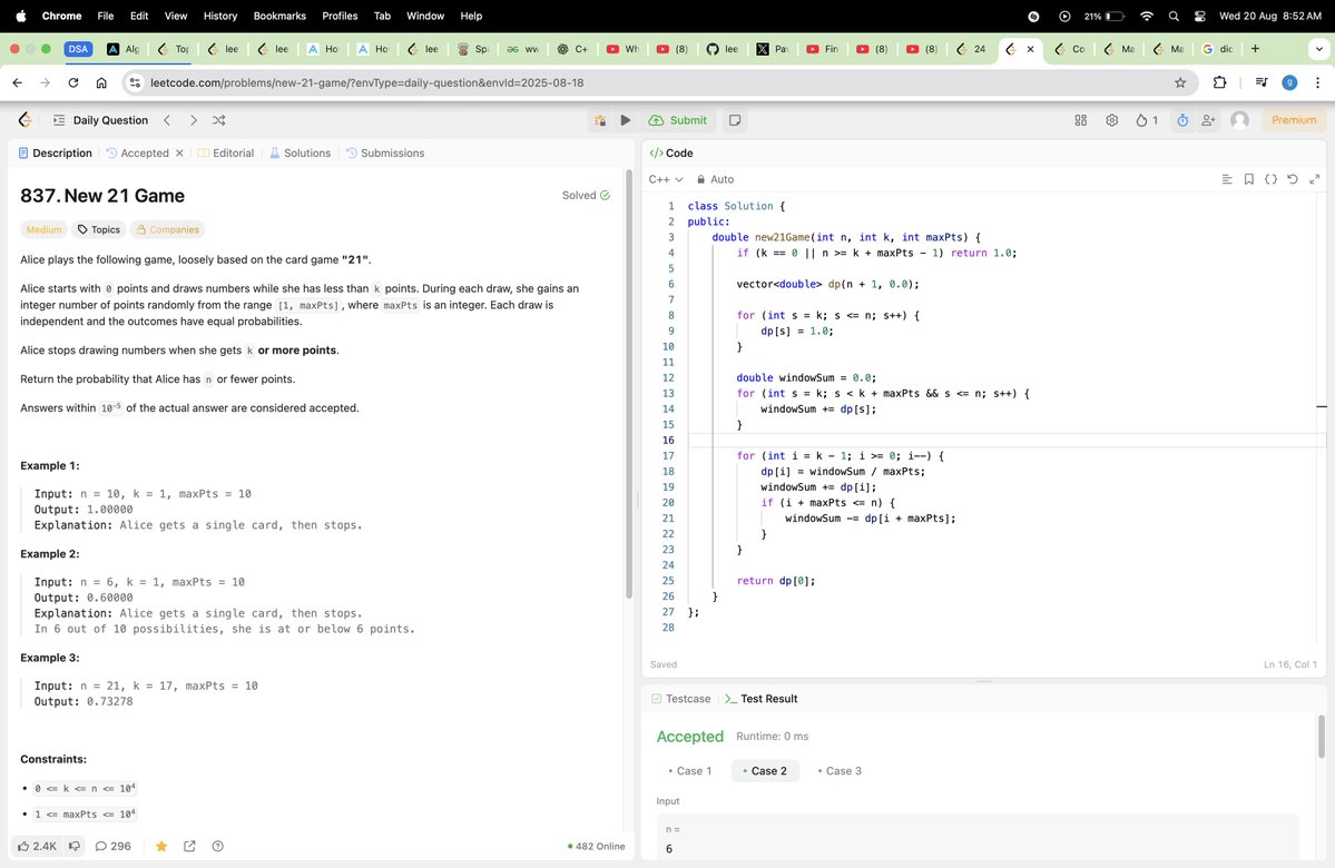 thehungertocode's tweet photo. Hello Everyone 👋
I have completed #Day597 of the #codeeveryday challenge.
Solved: New 21 Game
✅ T.C: O(n + maxPts)
✅ S.C: O(n)
#softwaredeveloper #engineering #github #LeetCode #buildinpublic #Code https://t.co/RSedfhoHrh