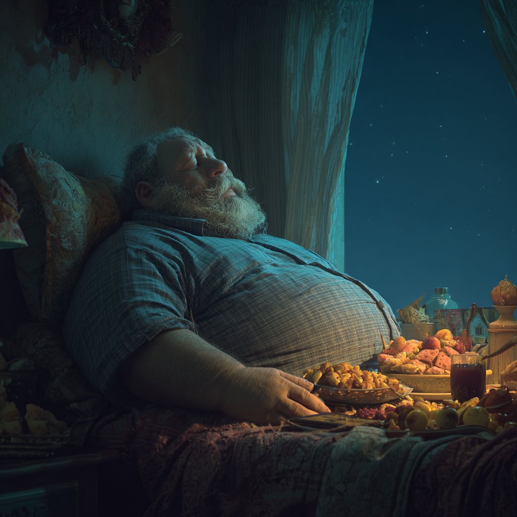 Man sleeping surrounded by food at night, symbolizing laziness in crypto