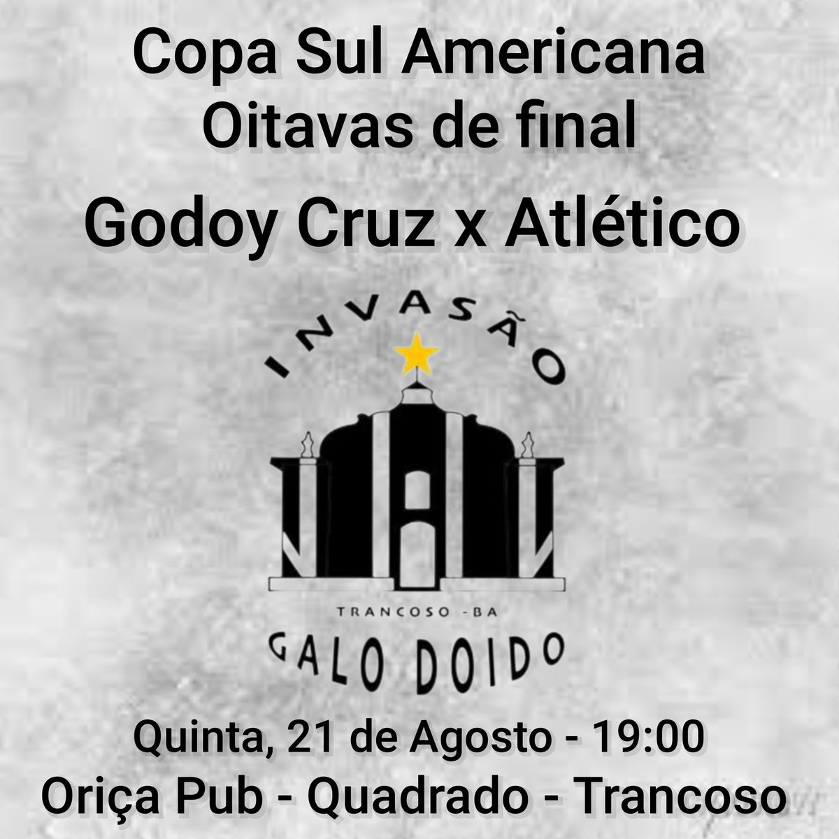 Quinta é nossa estreia na nossa nova casa! Ỏrica̧ Pub estará recebendo a Invasão Galo Doido de Trancoso. Vamos torcer pelo Galo, tomar aquela cerveja gelada, comer aquele petisco maravilhoso e desfrutar de um ambiente super aconchegante. 
Informações: WhatsApp: 73999395344