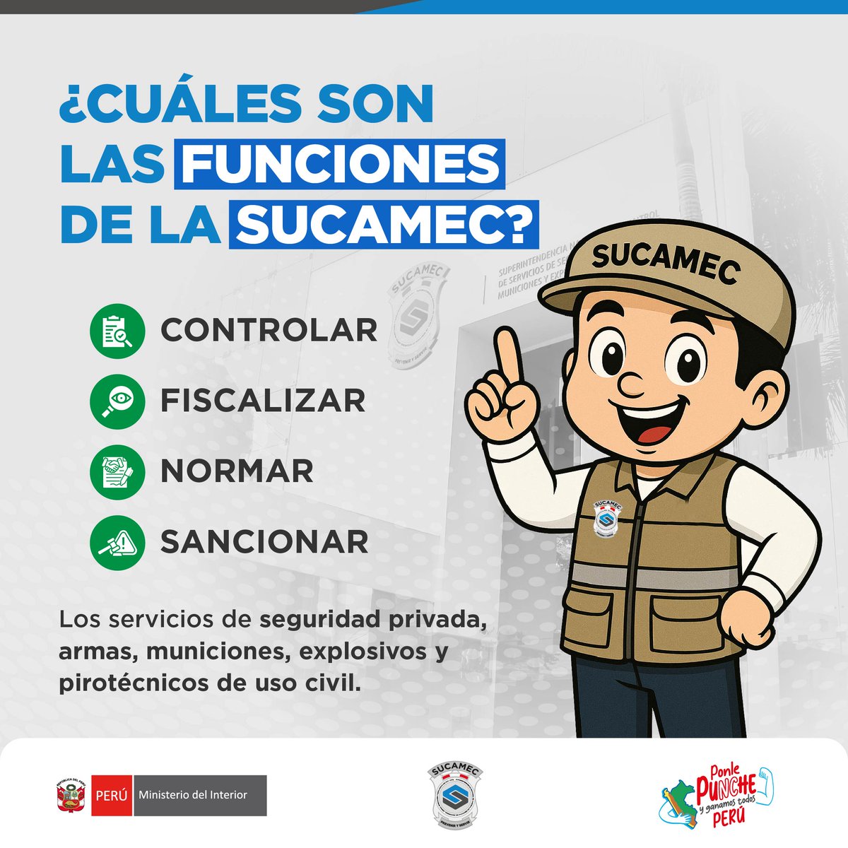 🔵 #SucamecTeInforma | Nos encargamos de controlar, fiscalizar, normar y sancionar los servicios de seguridad privada, armas, municiones, explosivos y pirotécnicos de uso civil.

➡️Conoce más aquí: gob.pe/institucion/su…

#SucamecPreveniryServir
