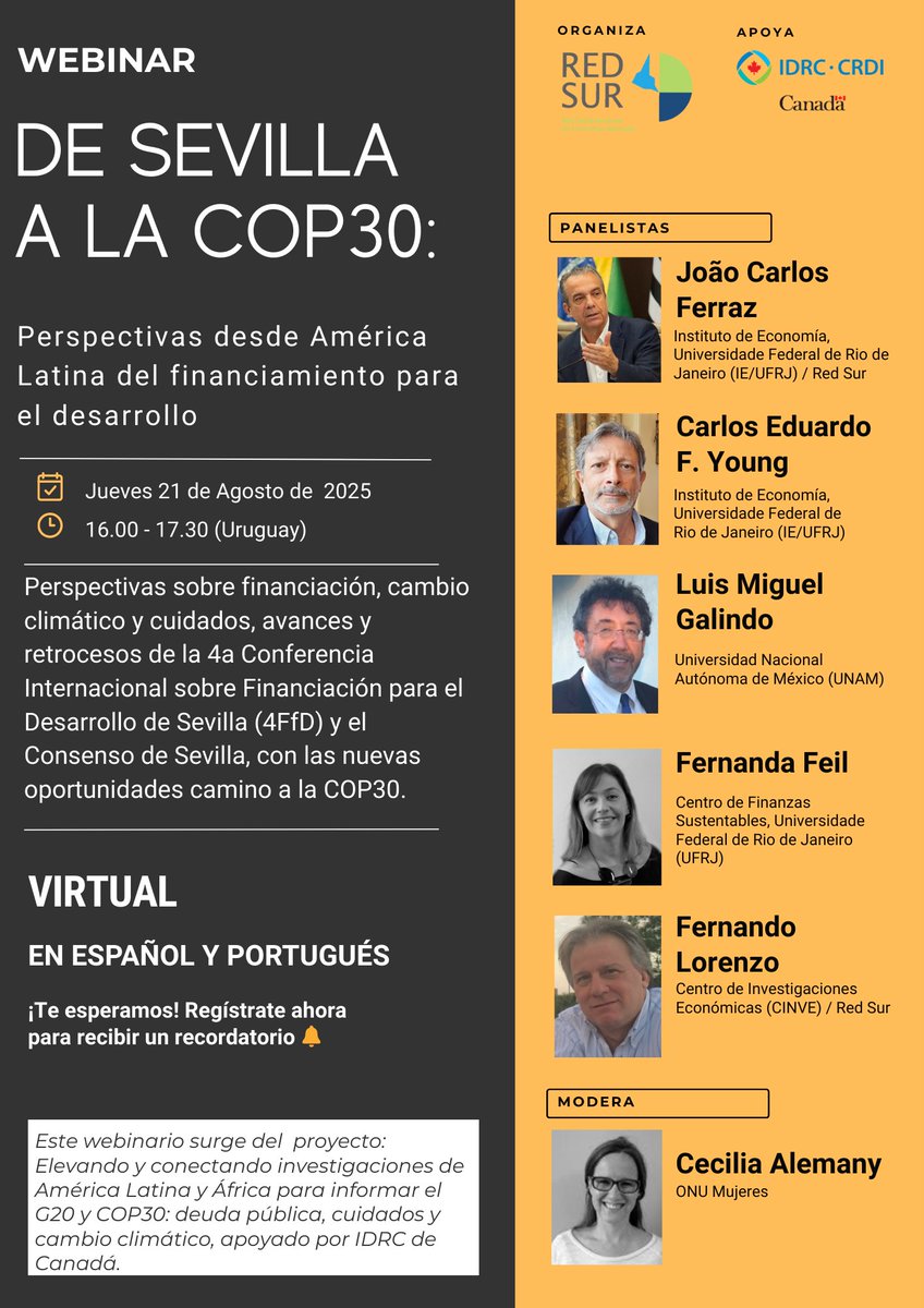 Red_mercosur's tweet photo. 📣 Seminario “De Sevilla a la COP30"

Perspectivas desde América Latina sobre financiamiento, cambio climático y cuidados, desde FfD4 y el Consenso de Sevilla hacia la COP30.

🗓️ Jueves 21/8
🕰️ 16:00 Argentina-Uruguay-Brasil

Asegura tu participación:
➡️ https://t.co/6mDuYMfpMe https://t.co/HNwgtB5tWT