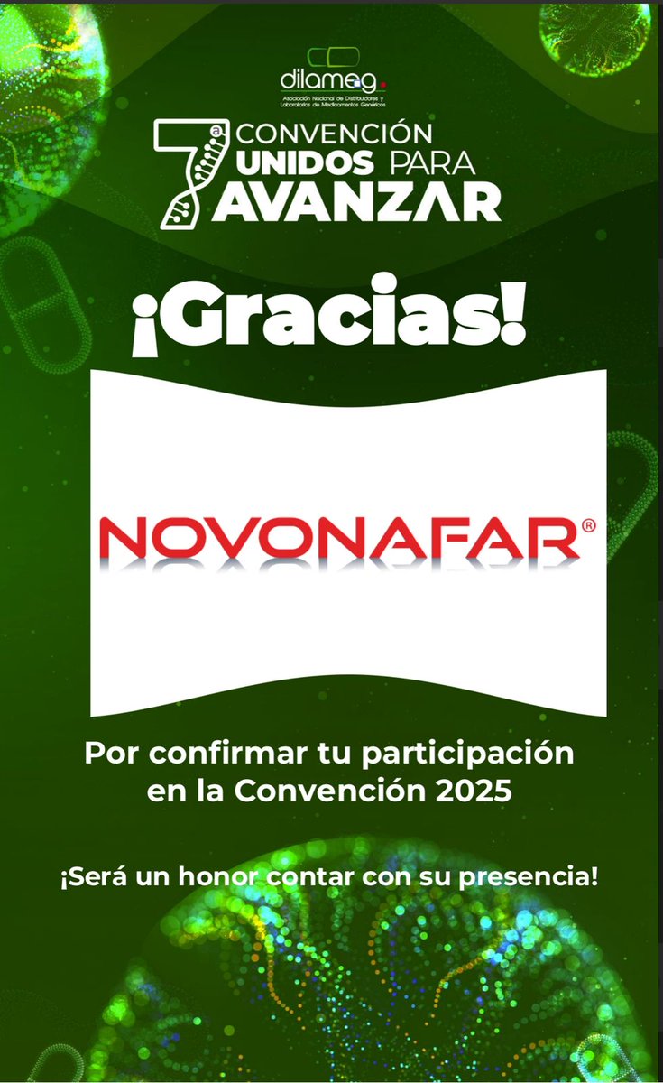 Con entusiasmo recibimos a @novonafar como integrante de la 7a. Convención Dilameg
2025. Una empresa que marca la diferencia con el compromiso en el ámbito farmacéutico.
¡Bienvenidos a esta gran misión! #ConvenciónDilameg #MedicamentosGenéricos
#UnidosparaAvanzar