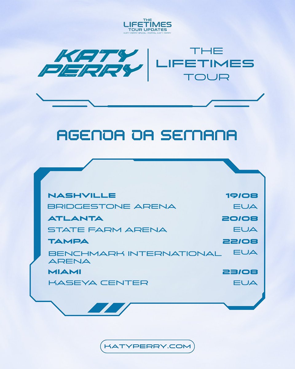 The end of an era. ♾️

A THE LIFETIMES TOUR está chegando ao fim nos Estados Unidos. Katy dá início ao primeiro de quatro shows que a separam da América Latina. 🇧🇷 🇦🇷 🇨🇱