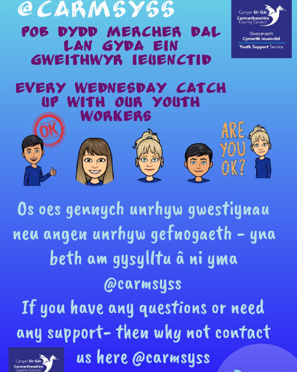Dewch i ddweud helo neu i ofyn unrhyw gwestiwn sydd gennych.
#YmaiChi #GwasanaethCymorthIeuenctidCaerfyrddin 😀

Come say hello or ask any questions you may have.
#HereforYou #CarmarthenYouthSupportSevice 😀