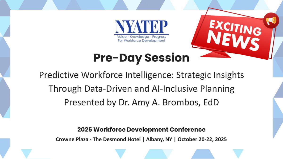 NYATEP's tweet photo. 📊 Kick off the #NYATEP Workforce Development Conference with a pre-day workshop led by Dr. Amy Brombos! Learn to use data + AI to uncover workforce gaps, project high-demand jobs &amp; spot trends shaping your region. Don’t miss it—register today! https://t.co/RR3gHchEwp https://t.co/g0G4hCDe2W