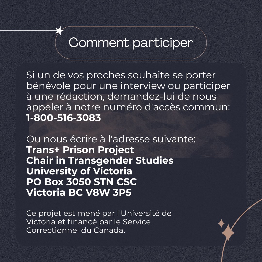 We're recruiting for Québec! Help us spread the word!(French ver)
 
#incarceratedlivesmatter #incarceratedlovedones #uvic #callforparticipants #research #canadianprisonsystem #trans #LGBTQ