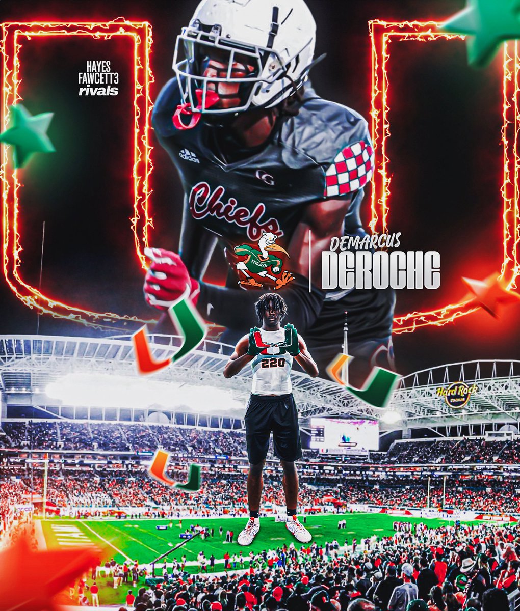 BREAKING: Four-Star WR Demarcus Deroche (2027) has Committed to Miami, he tells me for @rivals

The 6’5 205 WR from Key West, FL chose the Hurricanes over Florida, NC State, &amp; Auburn

“I’m blessed to be a Cane. Can’t wait to join everyone.”

on3.com/rivals/demarcu…