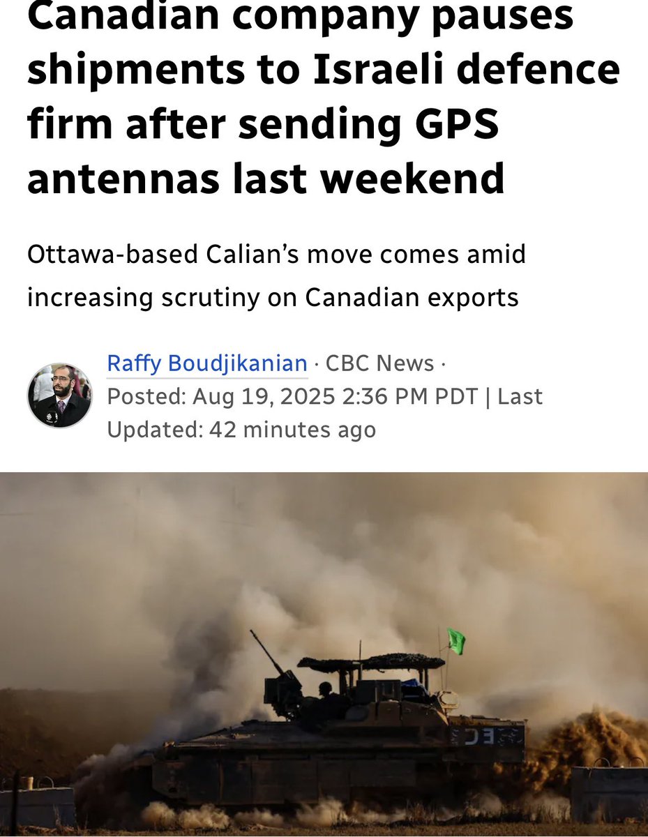 Shocking new <a href="/CBCNews/">CBC News</a> story by <a href="/CBCRaffy/">Raffy Boudjikanian</a>:

Calian, an Ottawa based company was caught shipping GPS antennas to <a href="/ElbitSystemsLtd/">Elbit Systems</a> – Israel’s biggest weapon’s supplier. 

Calian intervened to stop the shipment and has paused all future shipments to Elbit, while saying the