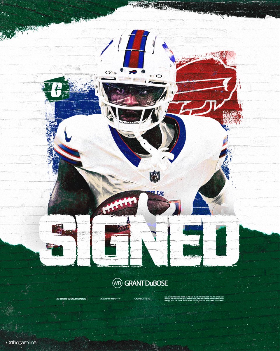 Charlotte Football (@charlotteftbl) on Twitter photo 𝗕𝘂𝗳𝗳𝗮𝗹𝗼 𝗕𝗼𝘂𝗻𝗱 🤙
WR Grant DuBose <a href="/grantdubose/">Grant DuBose</a> has officially signed with the <a href="/BuffaloBills/">Buffalo Bills</a>
#NFLniners | #BrickXBrick🧱 𝗕𝘂𝗳𝗳𝗮𝗹𝗼 𝗕𝗼𝘂𝗻𝗱 🤙
WR Grant DuBose <a href="/grantdubose/">Grant DuBose</a> has officially signed with the <a href="/BuffaloBills/">Buffalo Bills</a>
#NFLniners | #BrickXBrick🧱