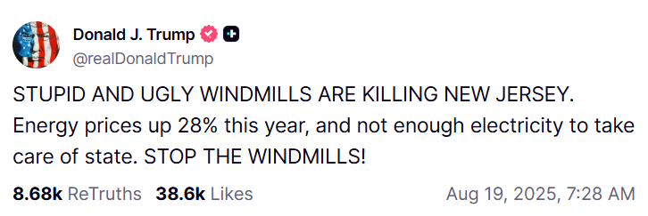There are a total of 6 wind turbines in the state of New Jersey, generating 9 MW of power, or roughly .03% of NJ’s total electricity generation. Prices are rising in NJ because demand is outpacing supply. We must embrace all forms of electric power – particularly those that are