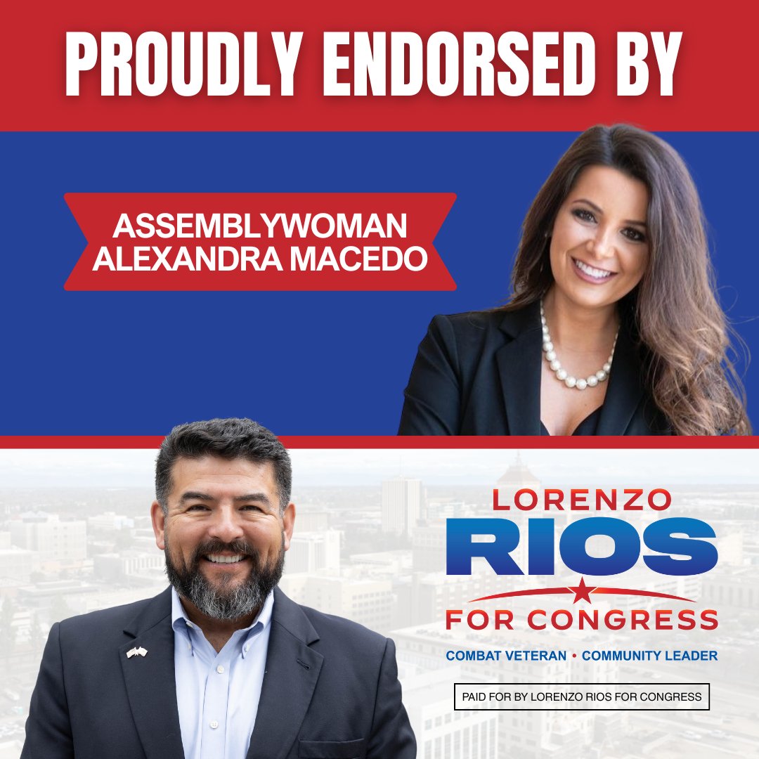 Lorenzo Rios (@lorenzoriosca) on Twitter photo Grateful to have the support of Assemblywoman <a href="/AliMacedo4CA/">Alexandra Macedo</a>, a true advocate for the Valley and a champion for working families. Her endorsement reflects the growing momentum behind our campaign to bring principled leadership and real results to the Central Valley. #CA21 Grateful to have the support of Assemblywoman <a href="/AliMacedo4CA/">Alexandra Macedo</a>, a true advocate for the Valley and a champion for working families. Her endorsement reflects the growing momentum behind our campaign to bring principled leadership and real results to the Central Valley. #CA21