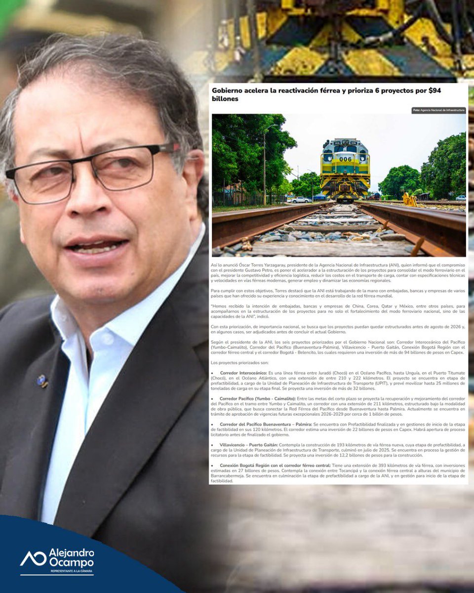El cambio avanza sobre rieles.

Con el presidente Petro y la ANI estamos recuperando el tren, ese que la élite abandonó para condenarnos a las carreteras más caras y lentas.

Hoy hay 6 proyectos férreos priorizados con inversiones por más de 94 billones, que conectarán regiones,