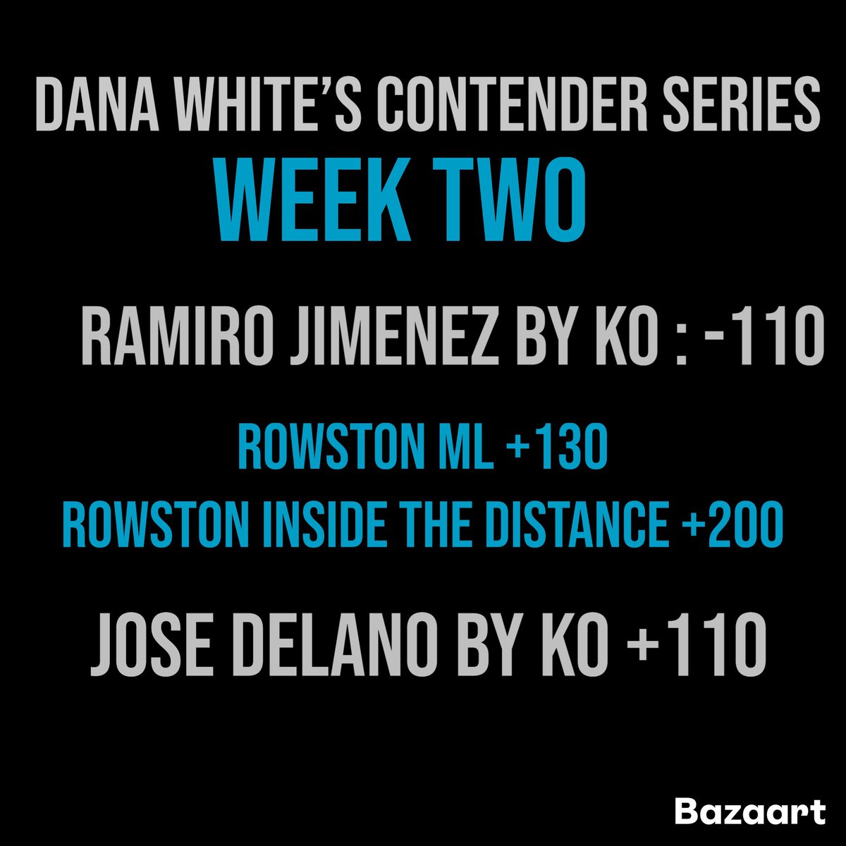 DANA WHITE CONTENDER SERIES

WEEEEK TWOO!

Let’s sweep tonight ✅ 

#DWCS #UFC #ufcparlays #bestbets #ufcpicks #MMATwitter