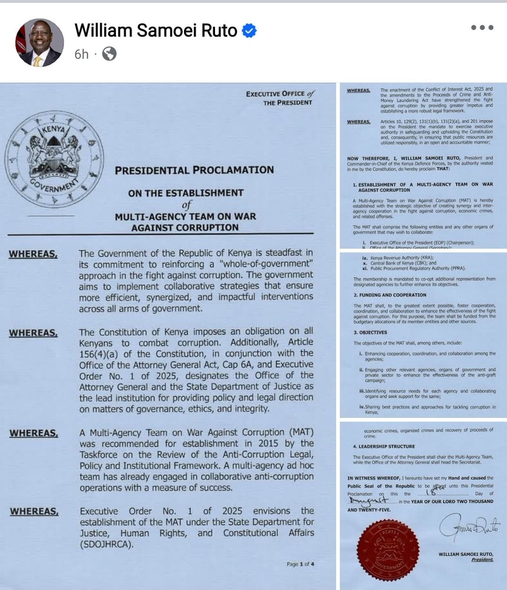 The Multi-Agency Team on corruption undermines the Constitution, as EACC alone is mandated to lead the fight. Placing ODPP, DCI, &amp; CBK under the Executive erodes their autonomy &amp; separation of powers. Excluding the Auditor-General &amp; Controller of Budget questions its true intent