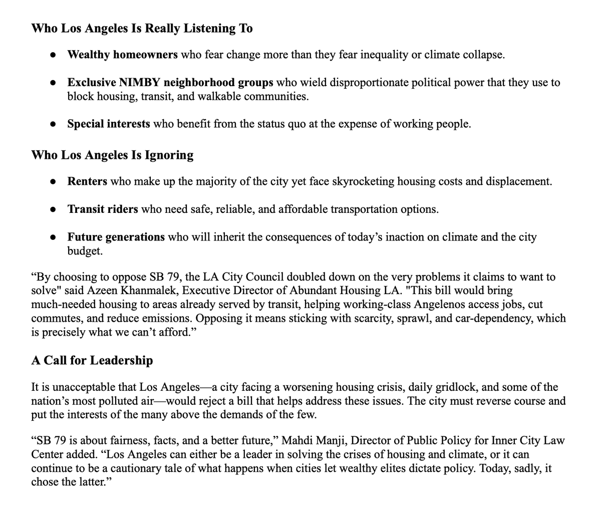 Streets For All (@streetsforall) on Twitter photo We are disappointed in LA City Council’s vote to oppose SB-79. Given the worsening housing and climate crises, Angelenos deserve better. Thank you to all the City Councilmembers who supported this bill, as well as our co-sponsors <a href="/InnerCityLaw/">InnerCityLawCenter</a> <a href="/AbundantHousing/">Abundant Housing LA</a> We are disappointed in LA City Council’s vote to oppose SB-79. Given the worsening housing and climate crises, Angelenos deserve better. Thank you to all the City Councilmembers who supported this bill, as well as our co-sponsors <a href="/InnerCityLaw/">InnerCityLawCenter</a> <a href="/AbundantHousing/">Abundant Housing LA</a>