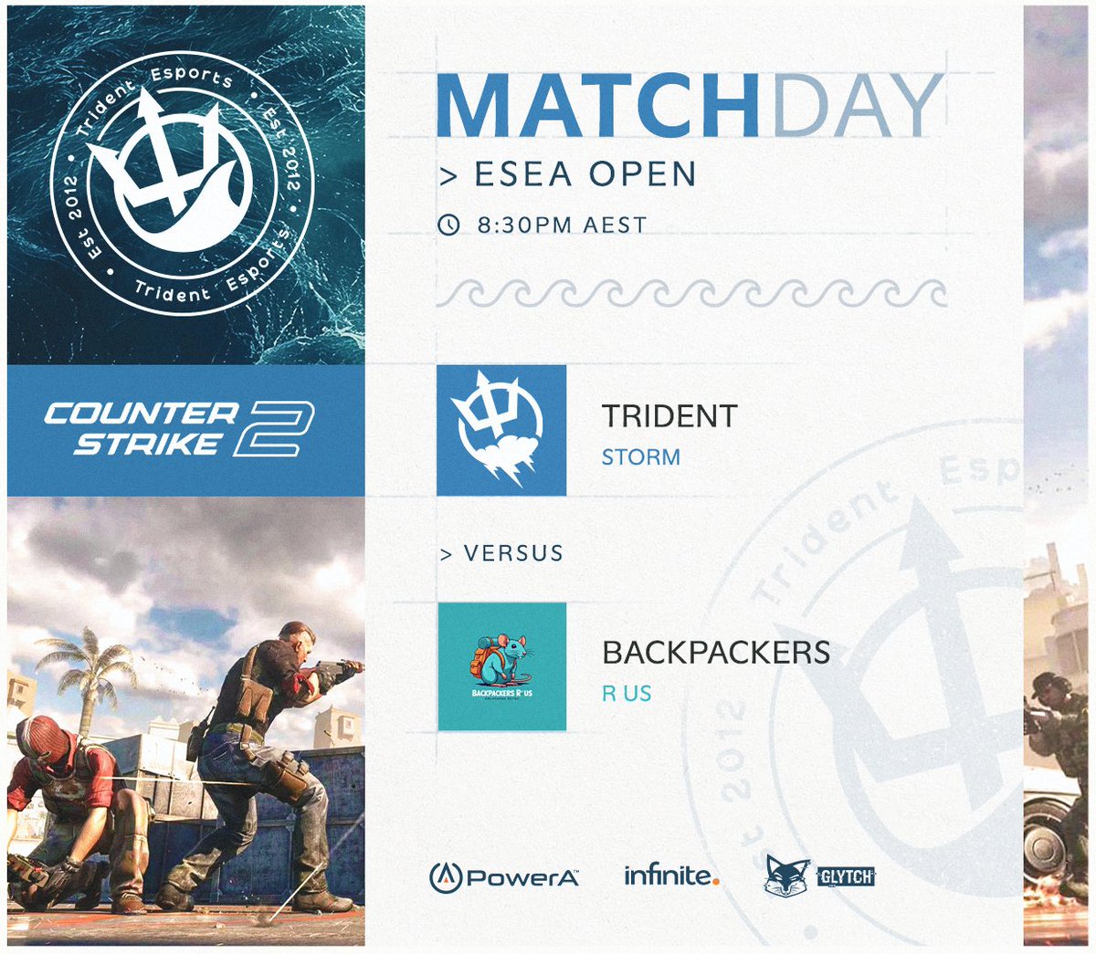#MATCHDAY 

#TridentStorm are looking to continue from Monday's Victory against #Unknown. 

🆚#BackpackersRUS
⏰8:30PM AEST
📺faceit.com/en/cs2/room/1-…

#RaiseYourTrident🔱