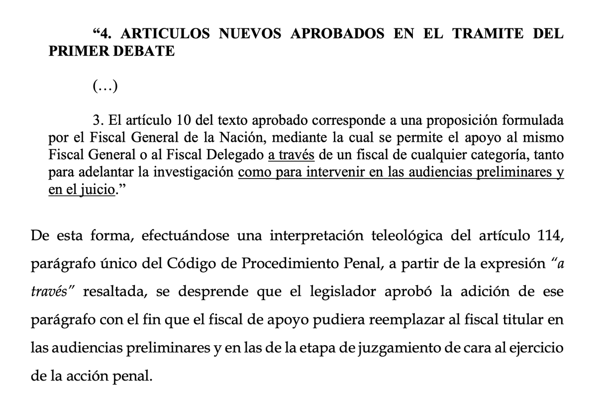 alfesac's tweet photo. Tema del fiscal de apoyo va a generar muchos debates: Trib. de Cundinamarca niega nulidad planteada porque intervino fiscal de apoyo en varias actuaciones. A partir de una interpretación teleológica, determina que el sentido del fiscal de apoyo es reemplazar al titular en preliminares y juicio. Además, cita el caso donde fiscal no era abogado y no hubo nulidad:

Link: https://t.co/wXWTErzQl1