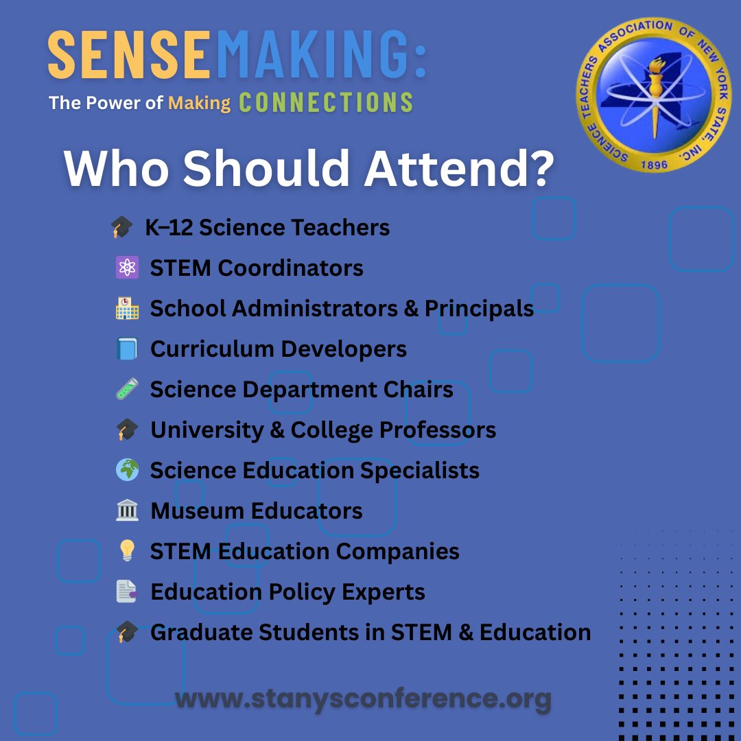 Who should attend the #STANYS25 Conference? 
If #science is your passion and #education is your mission, this conference is for YOU! 

Save the date November 7-10, and join us to be part of New York’s largest gathering of science educators and leaders!
 stanysconference.org