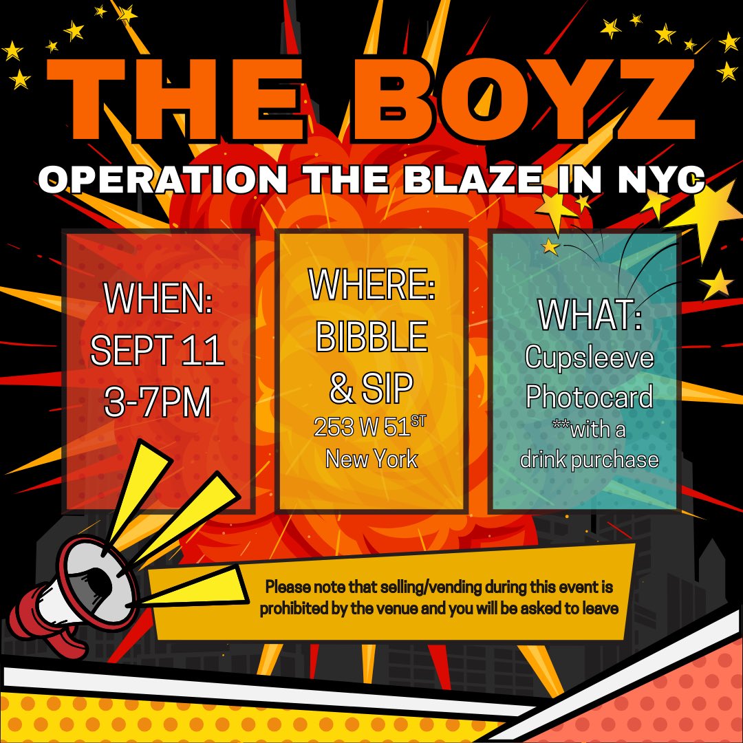 juyosanric's tweet image. ❤️‍🔥celebrate THE BOYZ &amp;lt;THE BLAZE&amp;gt; World Tour in NYC with a fun concert cupsleeve event!❤️‍🔥

WHEN - thurs, sept 11 at 3-7pm
WHERE - bibble &amp;amp; sip in nyc
HOSTED BY - @juyosanric, @SweetVoice_530 &amp;amp; @catboytbz 

more info below 🏙️ see you there! #THEBOYZ #더보이즈 #THEBLAZE #더블레이즈