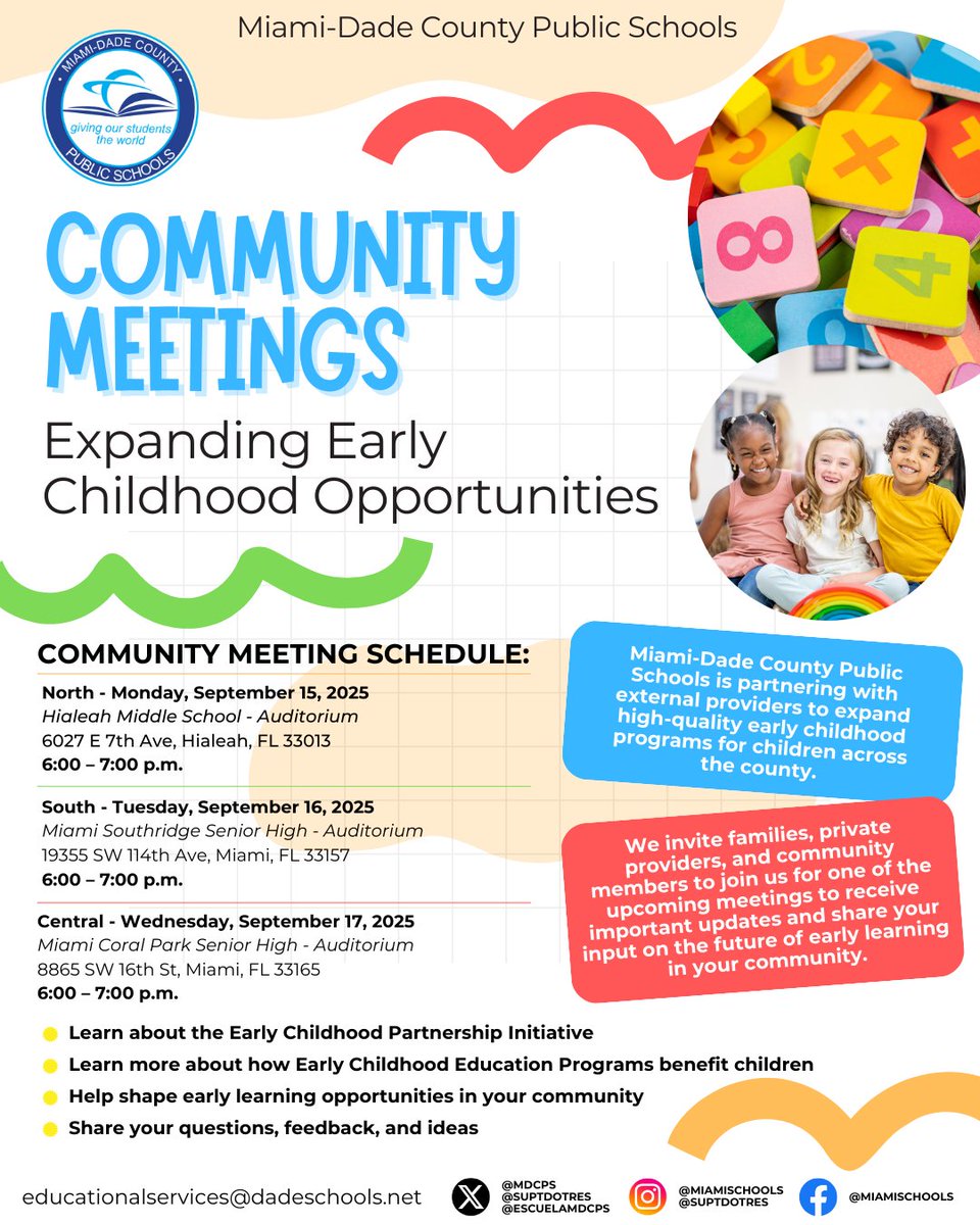 Gateway K-8 (@gateway_k8) on Twitter photo π’ Join us for Community Meetings on Expanding Early Childhood Opportunities! π
π
Mark your calendars:
Sept 15 β Hialeah MS
Sept 16 β Miami Southridge SHS
Sept 17 β Miami Coral Park SHS
(All 6β7 PM)
#GatewayK8 #crocsrock
<a href="/SuptDotres/">Jose L. Dotres, Ed.D.</a> <a href="/MDCPSSouth/">South Region Office</a> π’ Join us for Community Meetings on Expanding Early Childhood Opportunities! π
π
Mark your calendars:
Sept 15 β Hialeah MS
Sept 16 β Miami Southridge SHS
Sept 17 β Miami Coral Park SHS
(All 6β7 PM)
#GatewayK8 #crocsrock
<a href="/SuptDotres/">Jose L. Dotres, Ed.D.</a> <a href="/MDCPSSouth/">South Region Office</a>