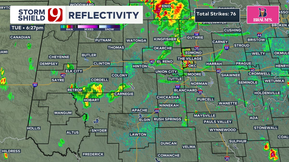 6:25 pm Update: A severe storm continues in Oklahoma County with torrential rainfall, lightning, &amp; winds to 60 mph. This storm has started to weaken some as it drifts south at 10 mph. Additional heavy storms continue across northern Oklahoma with some wind &amp; heavy rain. #okwx