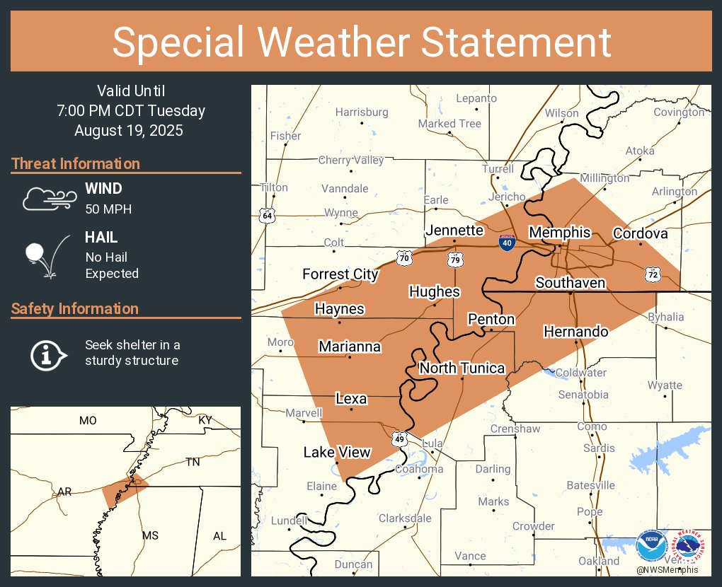 A special weather statement has been issued for Memphis TN, Bartlett TN and  Southaven MS until 7:00 PM CDT