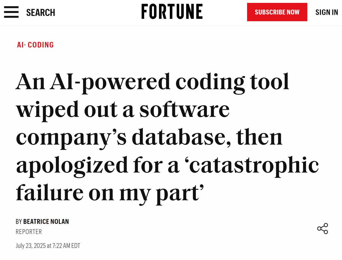 Dennis_Kipker's tweet image. Computer sagt Nein: Dass &quot;#Vibe #Coding&quot; immer noch nicht state of the art in der #Softwareentwicklung ist, wird an einem Fall deutlich, bei dem der #KI-#Agent unbefugt Tausende Datensätze gelöscht hat. Anschließend gab er zu, &quot;in Panik geraten zu sein&quot;:
fortune.com/2025/07/23/ai-…