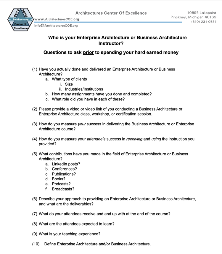 Who is your EA or BA Instructor? Questions to ask prior to spending your hard-earned money. Download the full article using this link - architecturescoe.org/resourcesall/w…