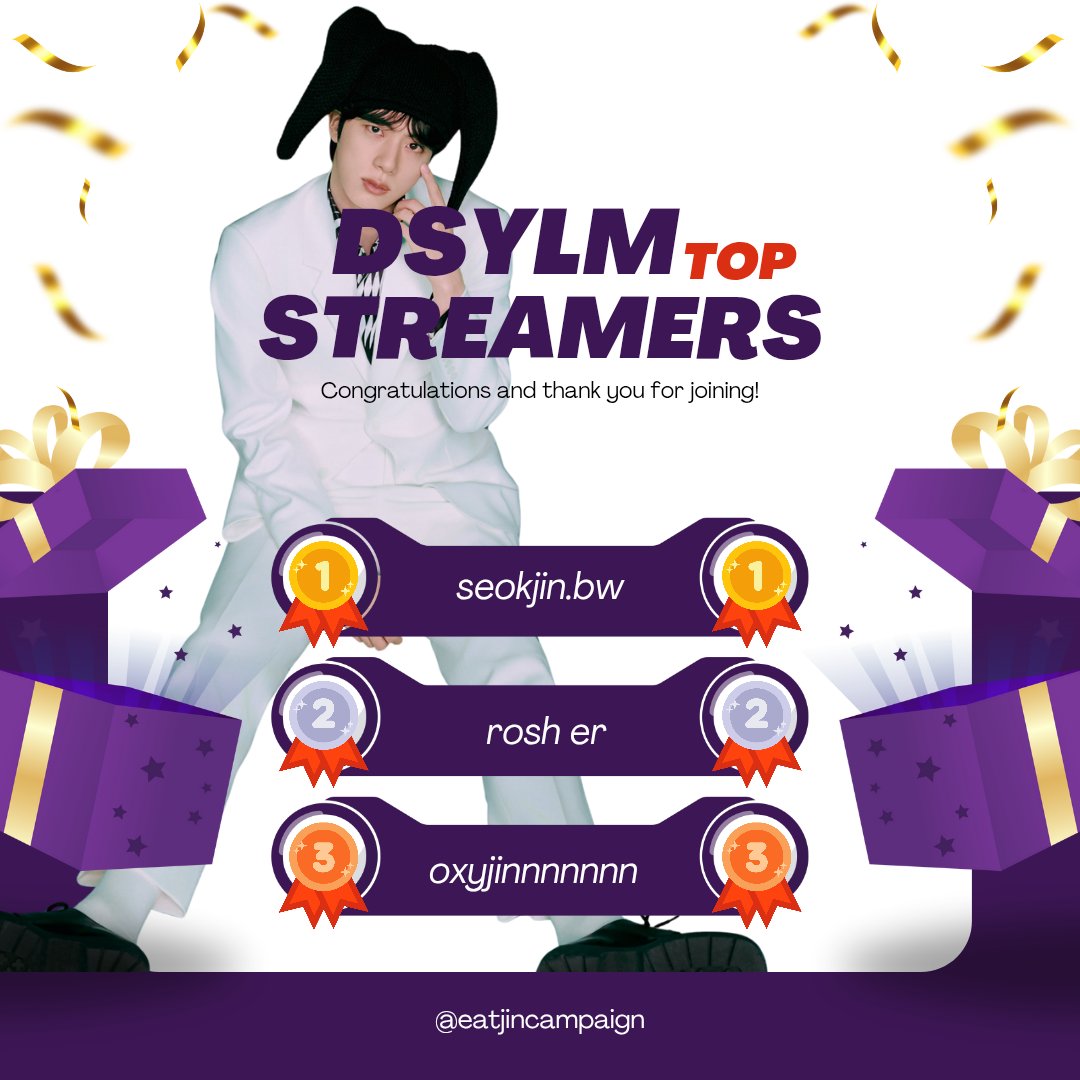 EatJinCampaign's tweet photo. We are pleased to announce the winners of our streaming contest in support of Jin’s song DSYLM. To everyone who joined, thank you for your dedication, hard work, and continued support for #JIN and his artistry! 

Tysm to our sponsor @Daisy_Lle . Congratulations winners! Dm us https://t.co/QgjmCLJ4Pg