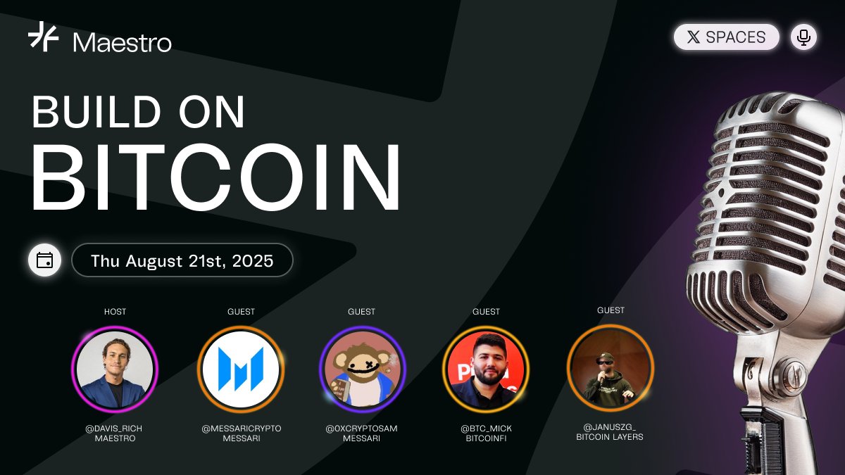 🚨 BitcoinFi State of the Union X Space 🚨

⏲️ Thursday, Aug 21 | 10am PST · 5pm UTC

We’re bringing together leading voices in Bitcoin-native finance to explore what’s next.

Guest:
🎙️ <a href="/0xCryptoSam/">Sam</a>  from  <a href="/MessariCrypto/">Messari</a>   
🎙️ <a href="/BTC_Mick/">Mick</a>  from the <a href="/BTCFiNetwork/">BitcoinFi Accelerator</a> 
🎙️ <a href="/januszg_/">janusz</a>  from