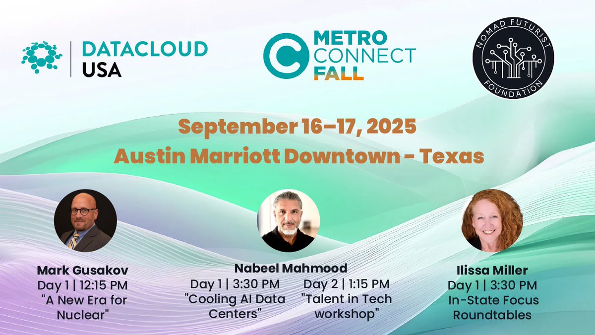 The @‌NomadFuturist Team is proud to join #Datacloud USA X #MetroConnectFall, Sept 16–17 in Austin!

Catch Co-Founder Nabeel Mahmood &amp; Advisors Ilissa Miller &amp; Mark Gusakov on the stage.

Register now using code NomadFuturist: hubs.li/Q03BHJJw0 .