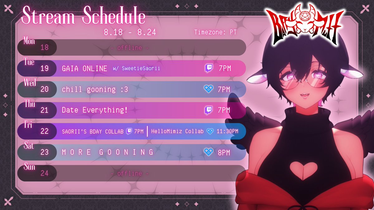 ♱𝐬𝐭𝐢𝐜𝐤𝐲𝐲𝐚𝐤𝐢𝐢♱🔞 (@stickyyakii) on Twitter photo ⚝🎀 𝐒𝐂𝐇𝐄𝐃𝐔𝐋𝐄 𝟖.𝟏𝟖 - 𝟖.𝟐𝟒 🎀⚝
♱ had the feminine urge to hop back on gaia with <a href="/sweetiesaorii/">🍓SweetieSaorii🔪🔞</a> 🍓
♱ it may be shark week but that won't stop me from gooning heh
♱ also ✨SAORII BIRTHDAY PARTY✨ on Friday + gooning collab afterwards w/ <a href="/MimizAfterDark/">HelloMimiz</a> 🦨💦 ⚝🎀 𝐒𝐂𝐇𝐄𝐃𝐔𝐋𝐄 𝟖.𝟏𝟖 - 𝟖.𝟐𝟒 🎀⚝
♱ had the feminine urge to hop back on gaia with <a href="/sweetiesaorii/">🍓SweetieSaorii🔪🔞</a> 🍓
♱ it may be shark week but that won't stop me from gooning heh
♱ also ✨SAORII BIRTHDAY PARTY✨ on Friday + gooning collab afterwards w/ <a href="/MimizAfterDark/">HelloMimiz</a> 🦨💦