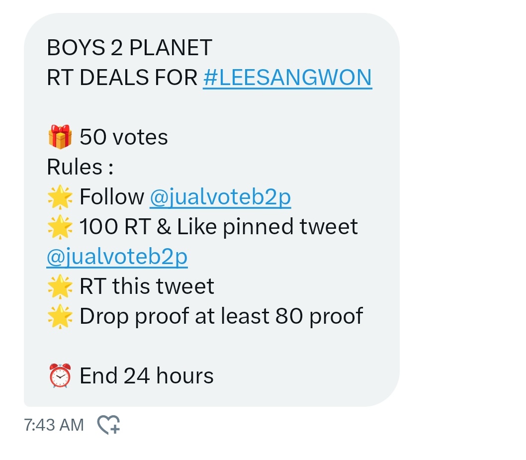 BOYS 2 PLANET
RT DEALS FOR #LEESANGWON 

🎁 50 votes
Rules :
🌟 Follow <a href="/jualvoteb2p/">JUAL VOTE BOYS2PLANET</a> 
🌟 100 RT &amp; Like pinned tweet <a href="/jualvoteb2p/">JUAL VOTE BOYS2PLANET</a> 
🌟 RT this tweet
🌟 Drop proof at least 80 proof

⏰️ End 24 hours
