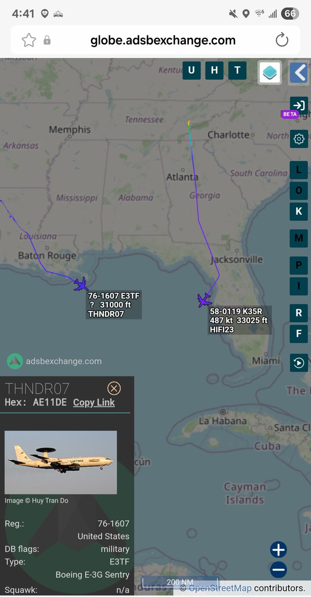 Borrowed7Time's tweet photo. As THNDR07 (76-1607 #AE11DE) begins tracking out over the Gulf, a KC-135R (58-0118 #AE015F as HIFI23) is heading out over the Gulf from Knoxville to meet for refueling.
@sipjack1776 @LatAmMilMVMTs @LadyAstroJet https://t.co/iM9acKRQbn