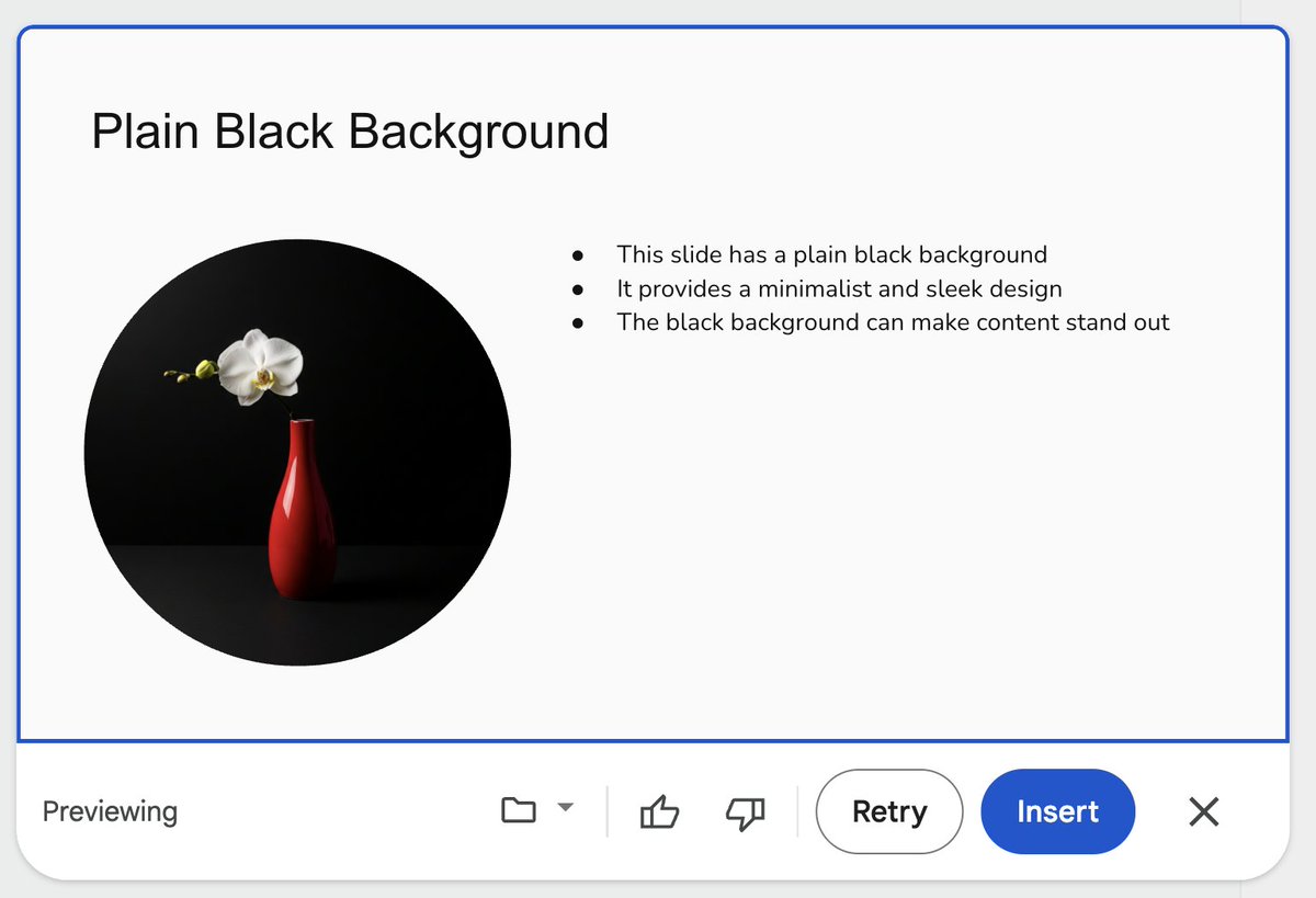 Austen's tweet image. Google Slides was selling me hard on how Gemini can create slides for me, so I told it to create a slide with a plain black background