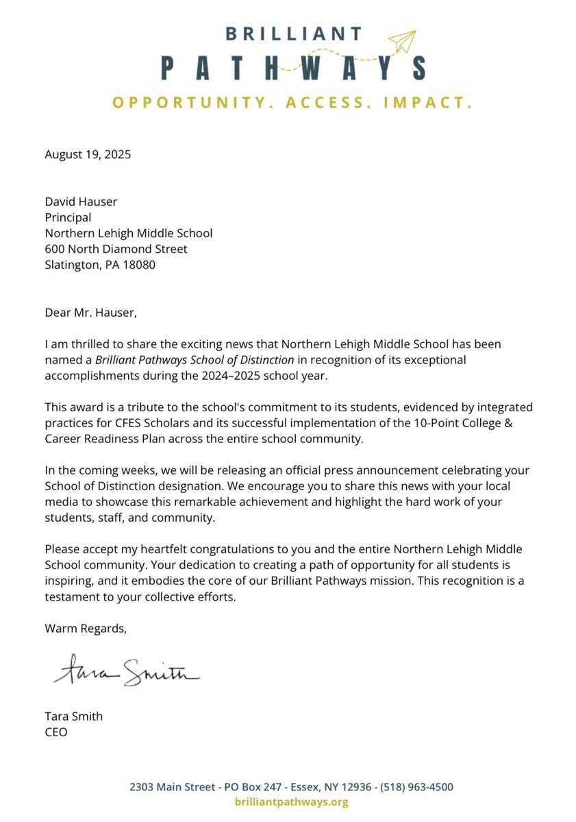 Mr. Hauser (@mrhausernlsd) on Twitter photo 🏆 <a href="/NorthernLehigh/">Northern Lehigh School District</a> Middle School is a Brilliant Pathways School of Distinction for the third consecutive year! 🐾 <a href="/BrilliantCFES/">CFES Brilliant Pathways</a> 🏆 <a href="/NorthernLehigh/">Northern Lehigh School District</a> Middle School is a Brilliant Pathways School of Distinction for the third consecutive year! 🐾 <a href="/BrilliantCFES/">CFES Brilliant Pathways</a>