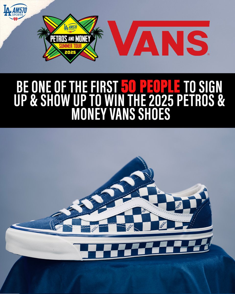 AM 570 LA Sports (@am570lasports) on Twitter photo The 2025 Petros & Money Vans shoes are here 🔥 The first 50 people to sign up and SHOW up Friday will win custom <a href="/petrosandmoney/">PetrosAndMoneyShow</a> vans shoes.
More opportunities to win the shoes at the final stop of the <a href="/petrosandmoney/">PetrosAndMoneyShow</a> summer tour this Friday from 2-5:30pm at Vans headquarters in The 2025 Petros & Money Vans shoes are here 🔥 The first 50 people to sign up and SHOW up Friday will win custom <a href="/petrosandmoney/">PetrosAndMoneyShow</a> vans shoes.
More opportunities to win the shoes at the final stop of the <a href="/petrosandmoney/">PetrosAndMoneyShow</a> summer tour this Friday from 2-5:30pm at Vans headquarters in
