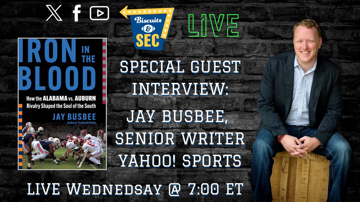 Biscuits & SEC (@biscuitsandsec) on Twitter photo TOMORROW: Don't miss our interview with <a href="/jaybusbee/">Jay Busbee</a>, author of "Iron in the Blood", on tomorrow night's Biscuits & SEC LIVE. We discuss the book, the Iron Bowl rivalry, and the future of the game.
You can watch it right here on our X feed or on YouTube! TOMORROW: Don't miss our interview with <a href="/jaybusbee/">Jay Busbee</a>, author of "Iron in the Blood", on tomorrow night's Biscuits & SEC LIVE. We discuss the book, the Iron Bowl rivalry, and the future of the game.
You can watch it right here on our X feed or on YouTube!