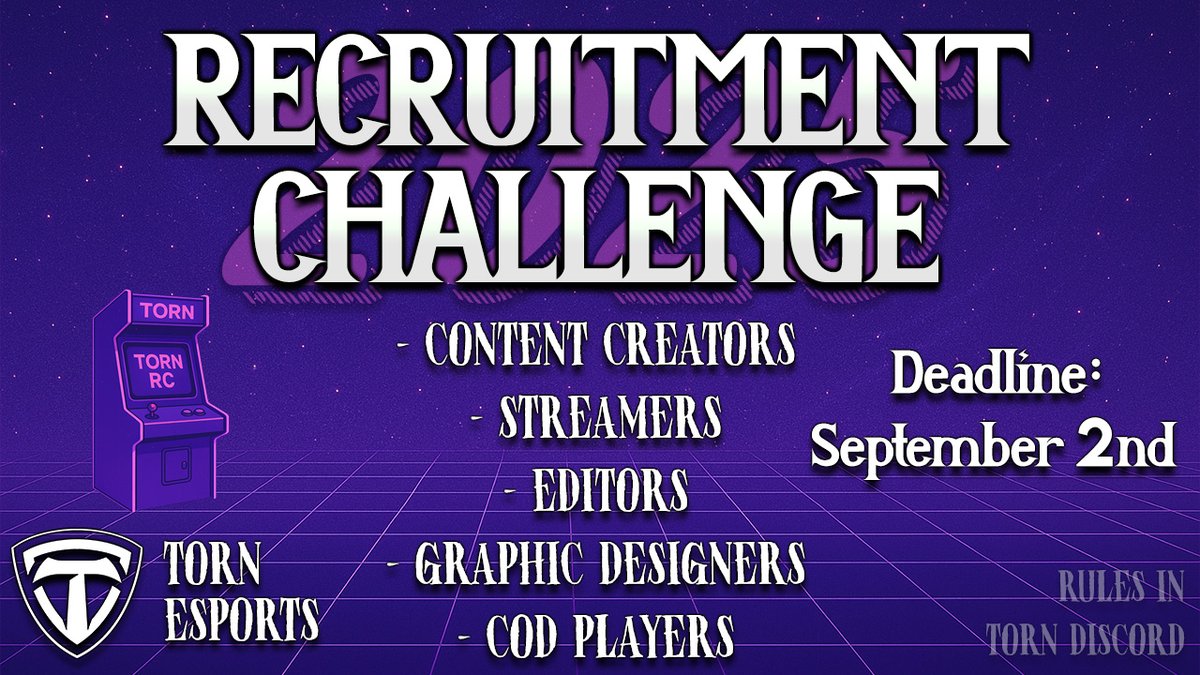 gg_torn's tweet photo. 🟣 Torn 2025 Recruitment Challenge! 🟣

This is YOUR opportunity to join Torn Esports, one of the top content-minded organizations in North America. We focus on community, supporting each other, and feeling like a family within the gaming space. 

We're looking for all kinds of talented people to join! This includes:

- Content Creators 🎥
- Streamers 📸
- Graphic Designers 😯
- Editors 📺
- COD Players 🎮
- Snipers 🎮
- Staff Members 👀

If you want to participate join the Torn Discord (linked below) and make your way to the #torn-rc page to find all the information you need! 

We're excited to see the responses. 😁
