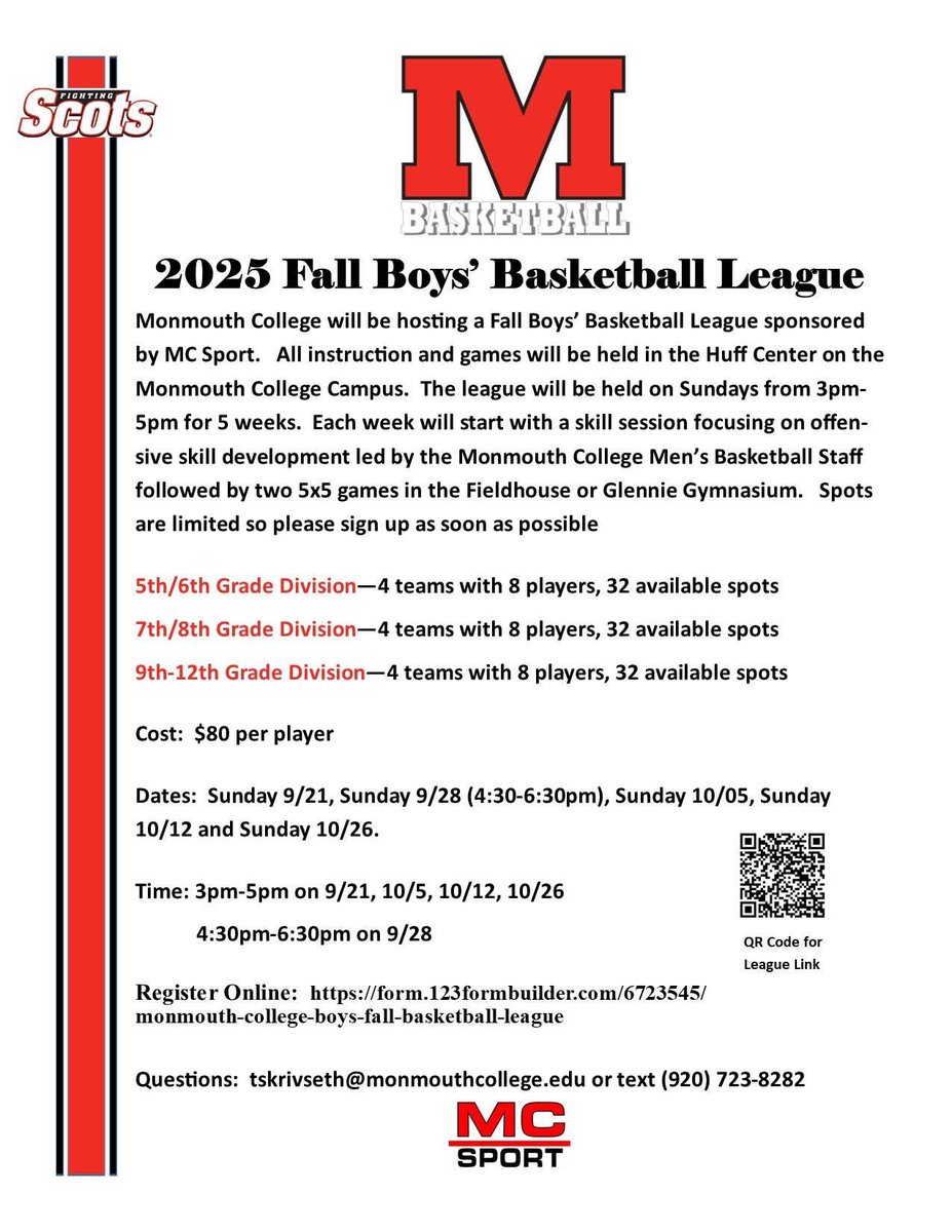 Get a jumpstart on your basketball season and register for the Monmouth College Fall Boys’ Basketball League.

form.123formbuilder.com/6723545/monmou…