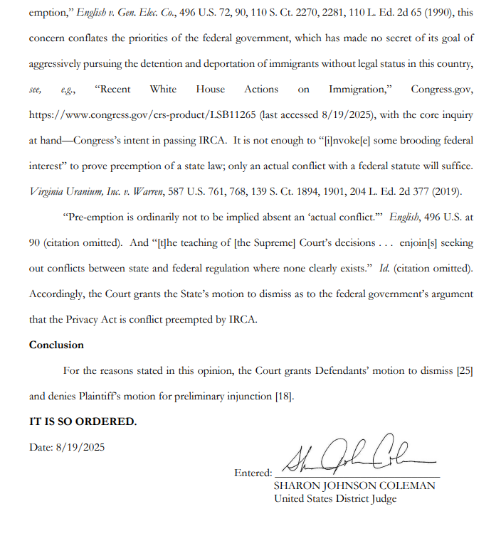 🚨 BREAKING: Obama Judge Sharon Coleman just THREW OUT President Trump's lawsuit against Illinois law that allows employers to more easily hire illegal aliens, and helps hide them from ICE.

So Illinois now PREEMPTS federal law, and this judge is "president." COUP. OVERTURN.