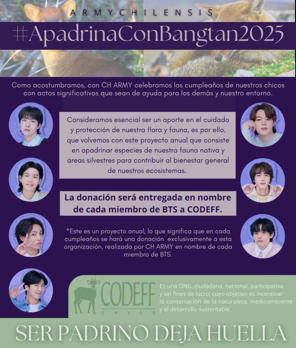 armychilensis's tweet photo. 🐾 #ApadrinaConBangtan2025
💜 JungKook day

Para celebrar los 28 años de Jeon Jungkook 🎂 el tercer apadrinamiento será a "Reserva Nacional Los Huemules de Niblinto" los cuales protegen y conservan esta especie en Chile que está en peligro de extinción.

💌 Donaciones al DM https://t.co/pQYS7bc9UV